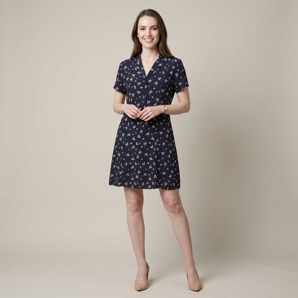 Vintage Old Navy Women Navy Floral‎ Print Short Sleeve Easter Dress 12
